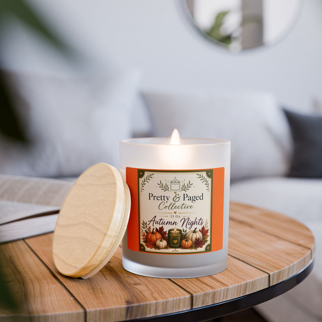 Autumn Nights Scented Candle — Frosted Glass 11oz Wooden Lid
