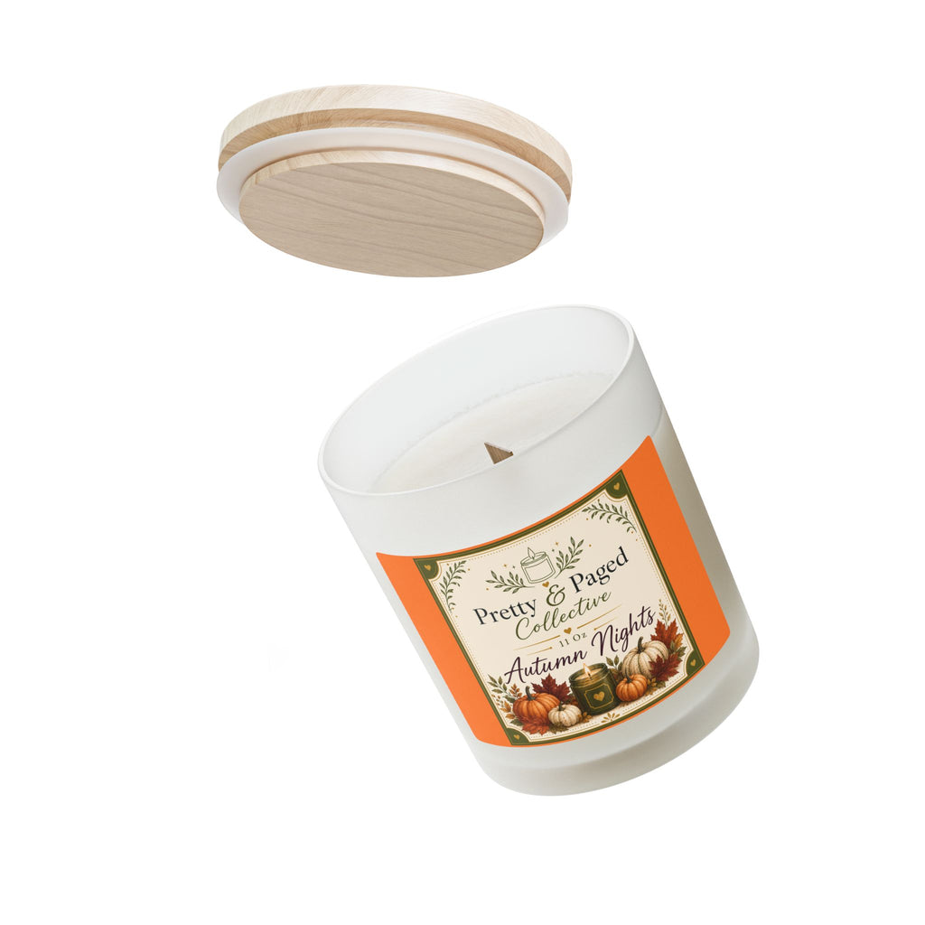 Autumn Nights Scented Candle — Frosted Glass 11oz Wooden Lid